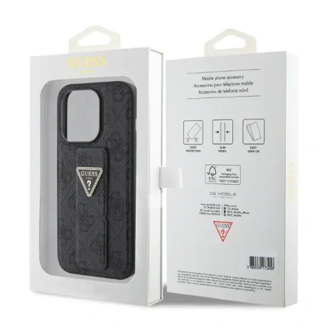 Husa Guess PU Grip Stand 4G Strass Triangle Metal Logo pentru iPhone 15 Black