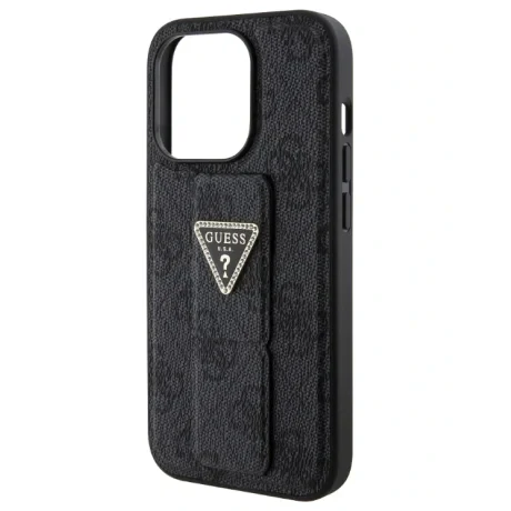Husa Guess PU Grip Stand 4G Strass Triangle Metal Logo pentru iPhone 15 Black