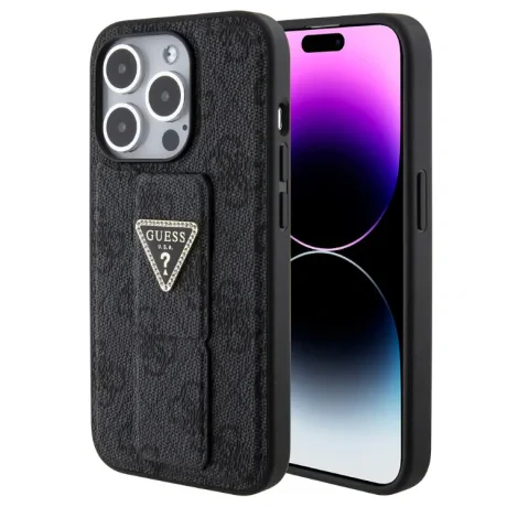 Husa Guess PU Grip Stand 4G Strass Triangle Metal Logo pentru iPhone 15 Pro Black