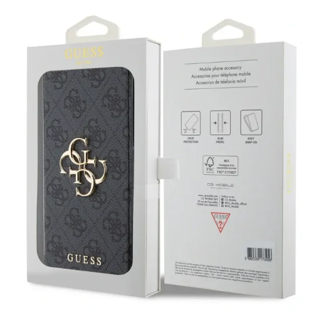 Husa Guess PU Leather 4G Metal Logo Book Pouzdro pro iPhone 15 Plus Grey