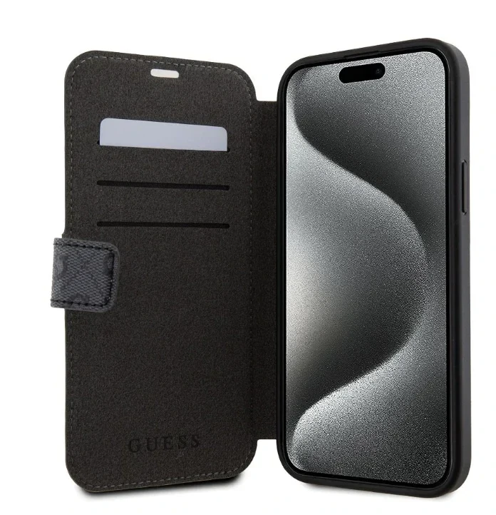 Husa Guess PU Leather 4G Metal Logo Book Pouzdro pro iPhone 15 Plus Grey