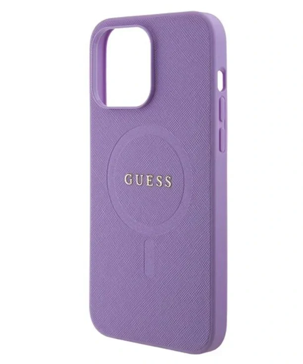 Husa Guess PU Saffiano MagSafe pentru iPhone 15 Plus Mov