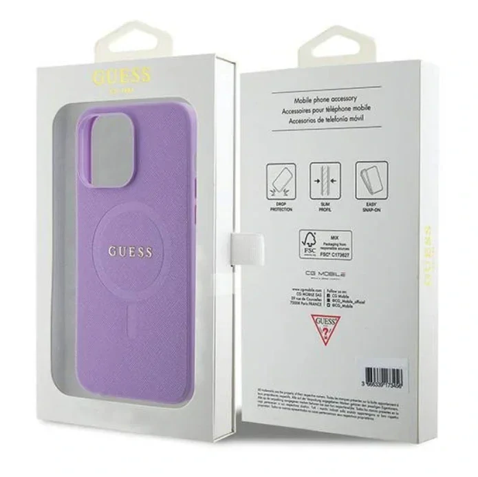 Husa Guess PU Saffiano MagSafe pentru iPhone 15 Plus Mov