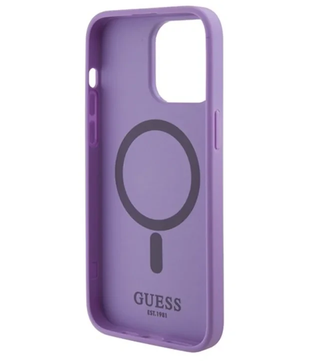 Husa Guess PU Saffiano MagSafe pentru iPhone 15 Plus Mov