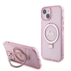 Husa Guess IML Ring Stand Glitter MagSafe pentru iPhone 15 Pink
