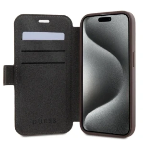Husa Guess PU 4G Metal Logo Book pentru iPhone 15 Brown