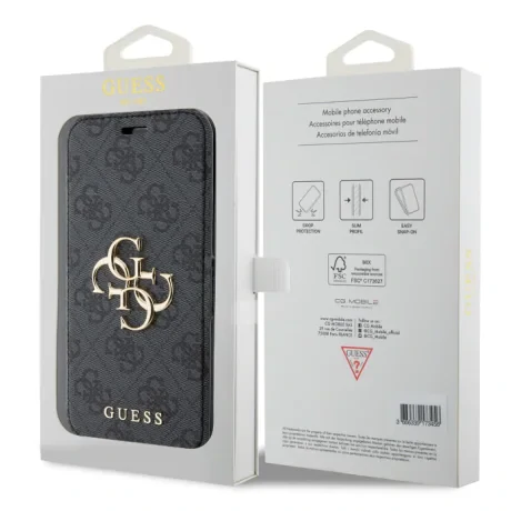 Husa Guess PU 4G Metal Logo Book pentru iPhone 15 Pro Gri