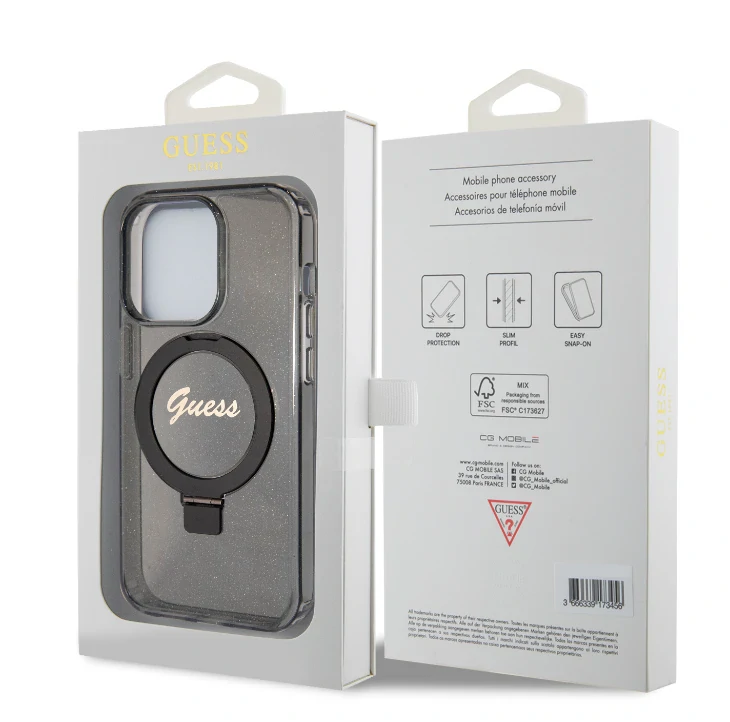 Husa Guess IML Ring Stand Glitter MagSafe pentru iPhone 15 Pro Max Black thumb