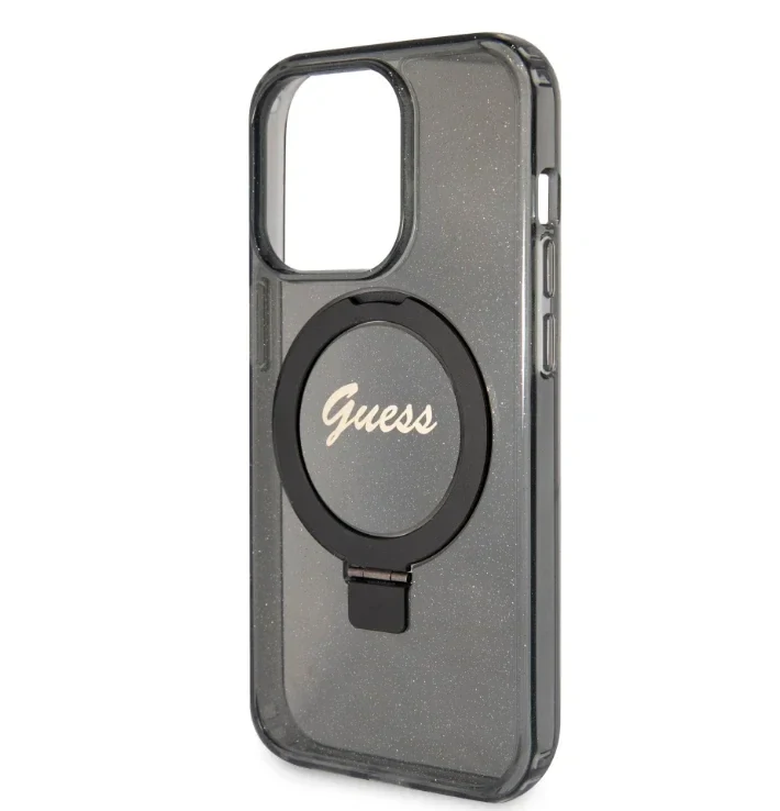 Husa Guess IML Ring Stand Glitter MagSafe pentru iPhone 15 Pro Max Black