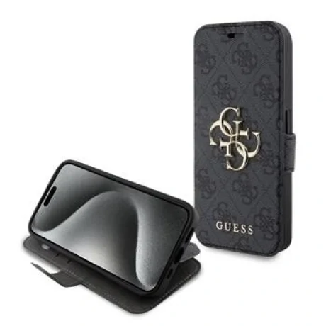 Husa Guess PU 4G Metal Logo Book pentru iPhone 15 Grey