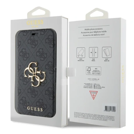 Husa Guess PU 4G Metal Logo Book pentru iPhone 15 Grey