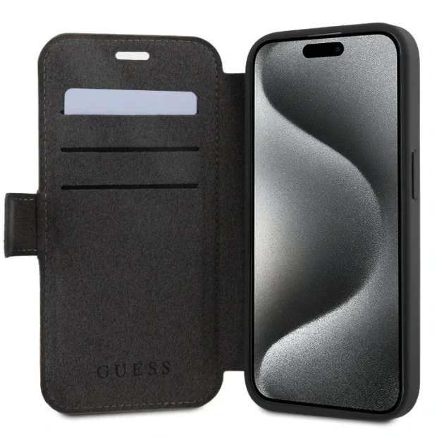 Husa Book Guess PU 4G Metal Logo pentru Phone 15 Pro Max Grey