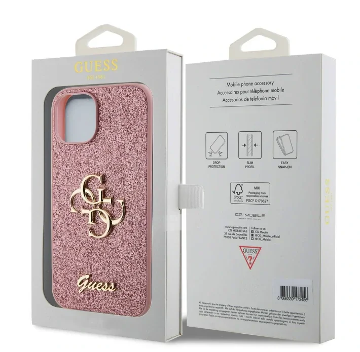 Husa Guess PU Fixed Glitter 4G Metal Logo pentru iPhone 12/12 Pro Pink
