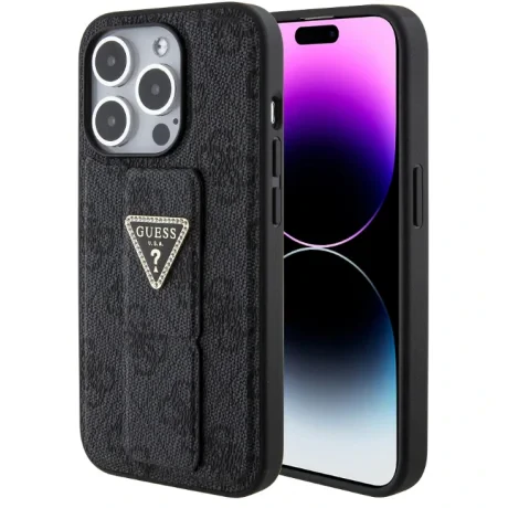 Husa Guess PU Grip Stand 4G Strass Triangle Metal Logo pentru iPhone 15 Pro Max Black