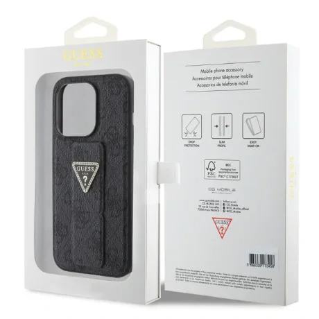 Husa Guess PU Grip Stand 4G Strass Triangle Metal Logo pentru iPhone 15 Pro Max Black