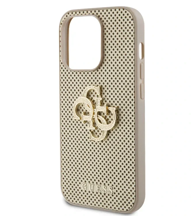Husa Guess PU Perforated 4G Glitter Metal Logo pentru iPhone 15 Pro Max Gold