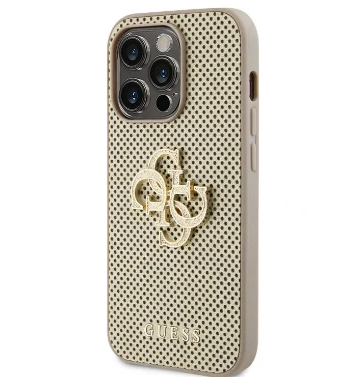 Husa Guess PU Perforated 4G Glitter Metal Logo pentru iPhone 15 Pro Max Gold