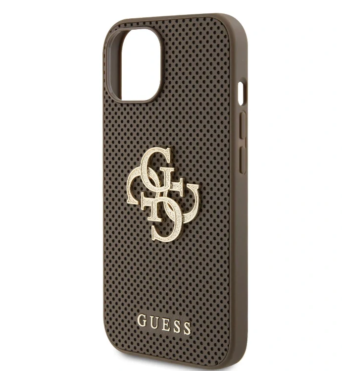 Husa Guess PU Perforated 4G Glitter Metal Logo pentru iPhone 15 Taupe thumb