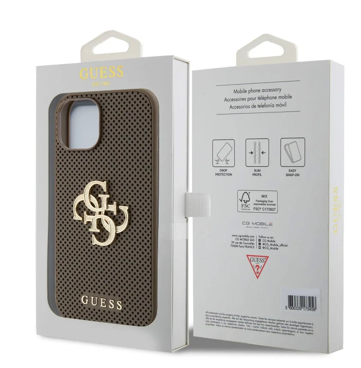 Husa Guess PU Perforated 4G Glitter Metal Logo pentru iPhone 15 Taupe thumb