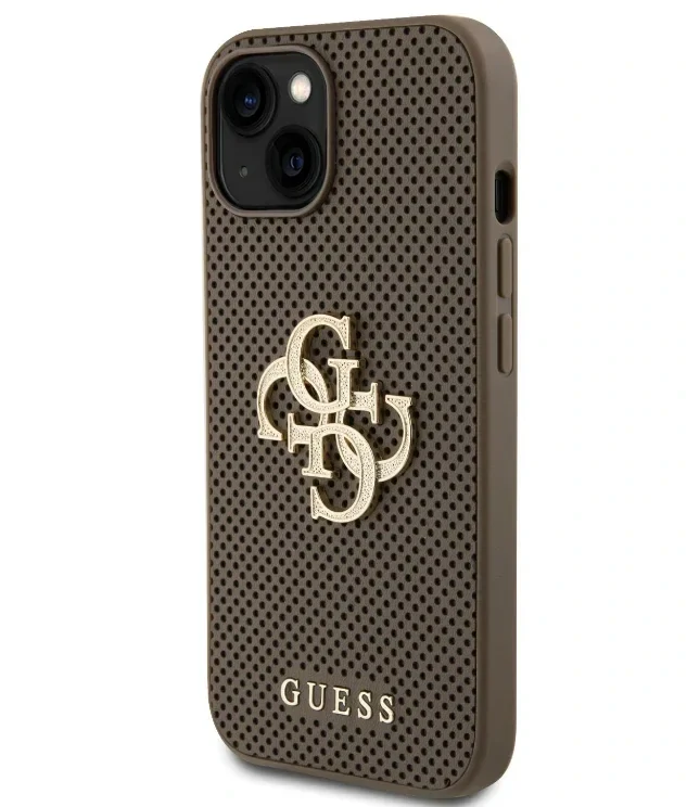 Husa Guess PU Perforated 4G Glitter Metal Logo pentru iPhone 15 Taupe