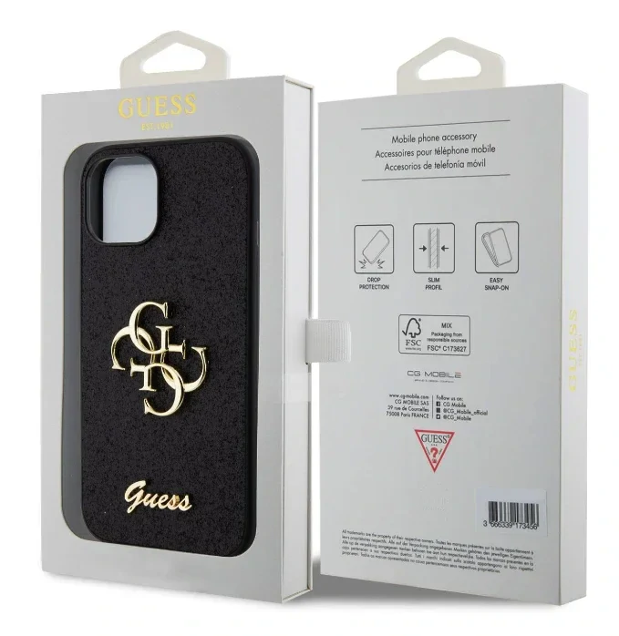 Husa Guess PU Fixed Glitter 4G Metal Logo pentru iPhone 13 Black