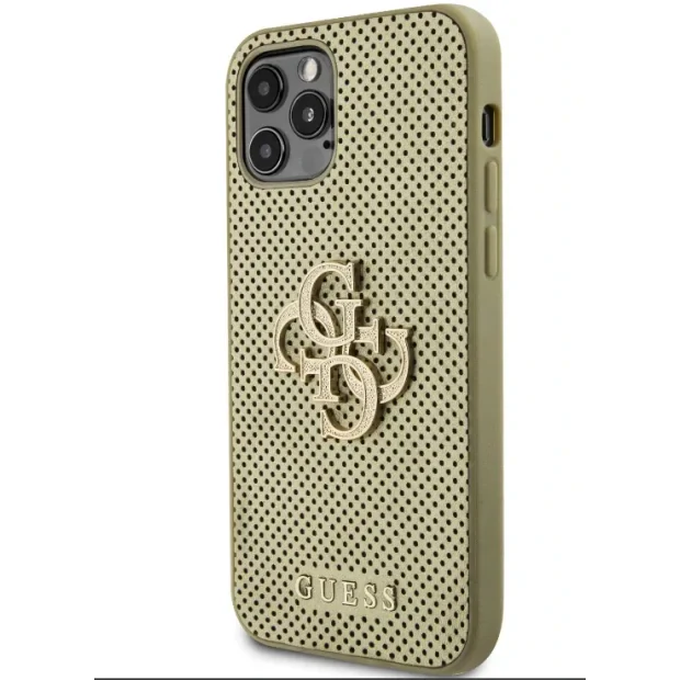 Husa Guess PU Perforated 4G Glitter Metal Logo pentru iPhone 12/12 Pro Gold