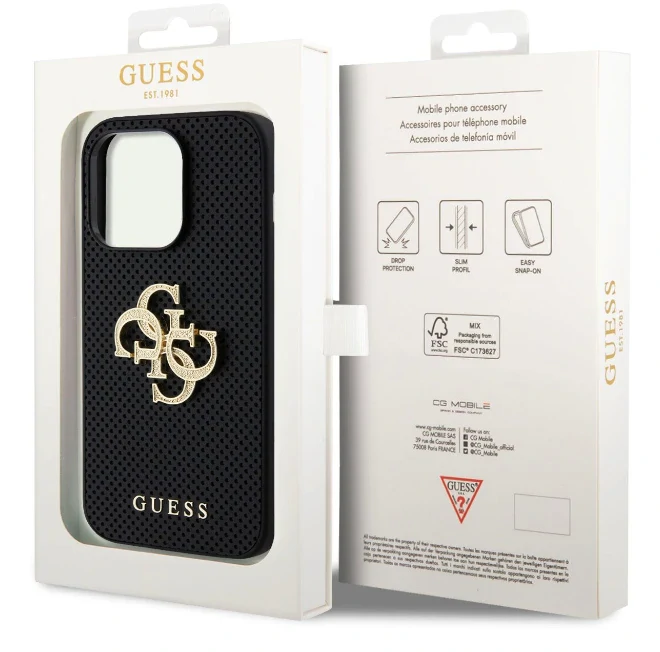 Husa Guess PU Perforated 4G Glitter Metal Logo pentru iPhone 13 Black thumb