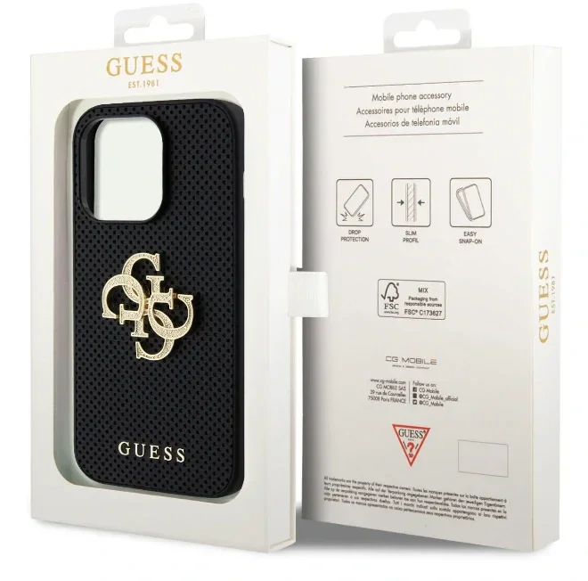 Husa Guess PU Perforated 4G Glitter Metal Logo pentru iPhone 13 Black