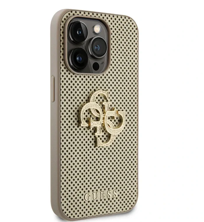 Husa Guess PU Perforated 4G Glitter Metal Logo  pentru iPhone 15 Pro Gold