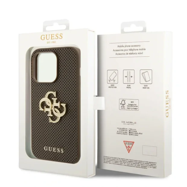 Husa Guess PU Perforated 4G Glitter Metal Logo pentru iPhone 15 Pro Maro