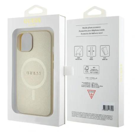 Husa Guess PU Saffiano MagSafe pentru iPhone 15 Beige