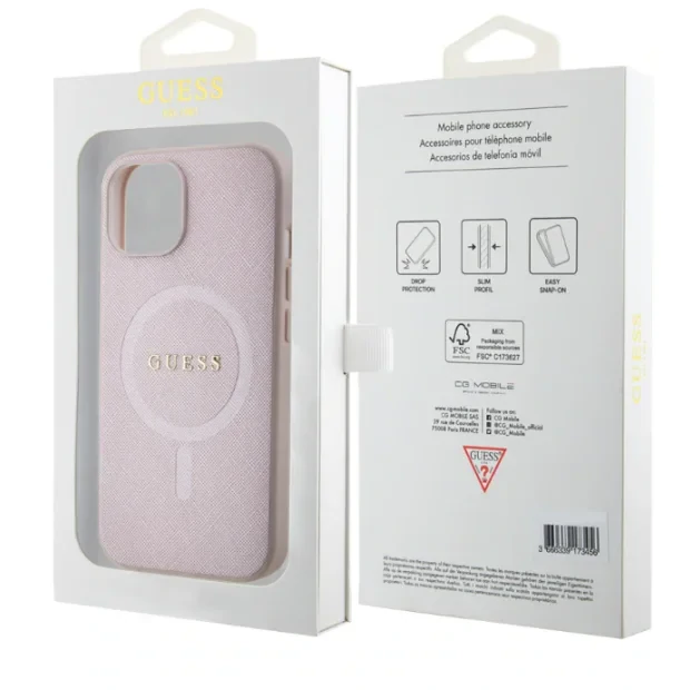 Husa Guess PU Saffiano MagSafe pentru iPhone 15 Pink