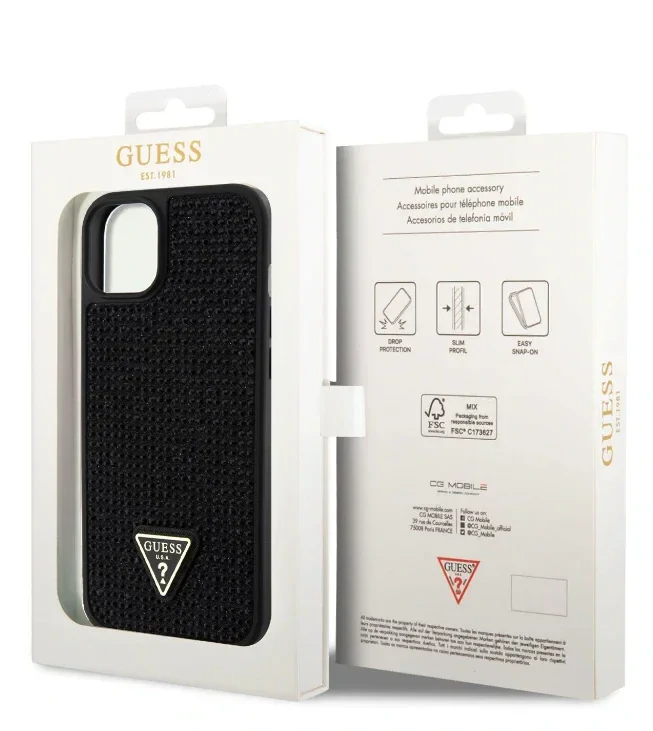 Husa Guess Rhinestones Triangle Metal Logo pentru iPhone 13 Black