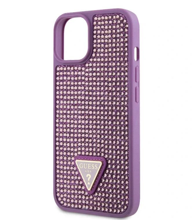 Husa Guess Rhinestones Triangle Metal Logo pentru iPhone 13 Purple