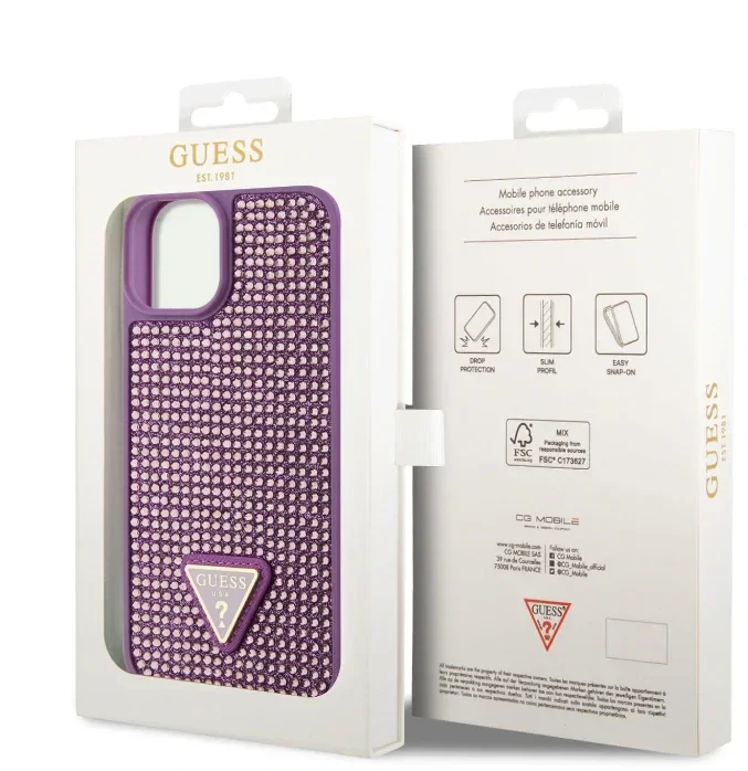 Husa Guess Rhinestones Triangle Metal Logo pentru iPhone 13 Purple