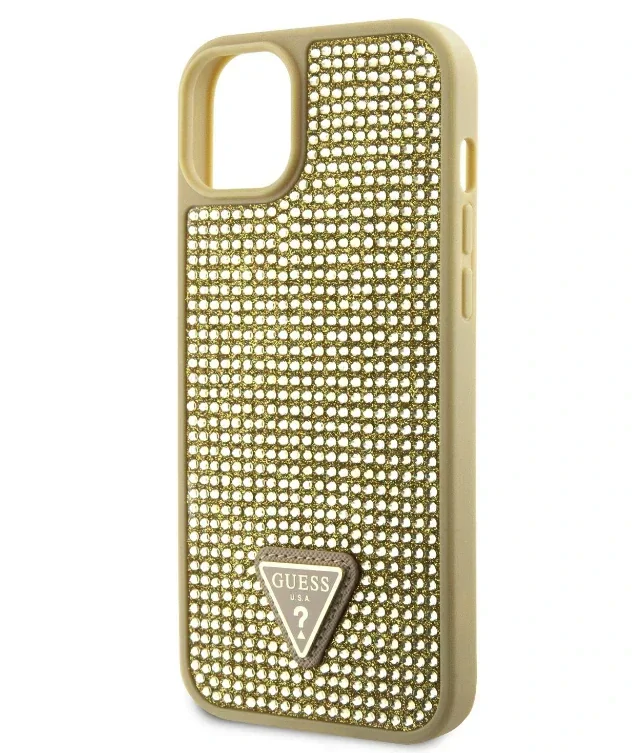 Husa Guess Rhinestones Triangle Metal Logo pentru iPhone 15 Gold