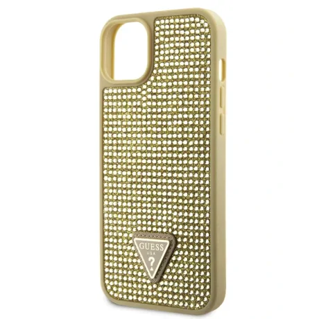 Husa Guess Rhinestones Triangle Metal Logo pentru iPhone 15 Gold