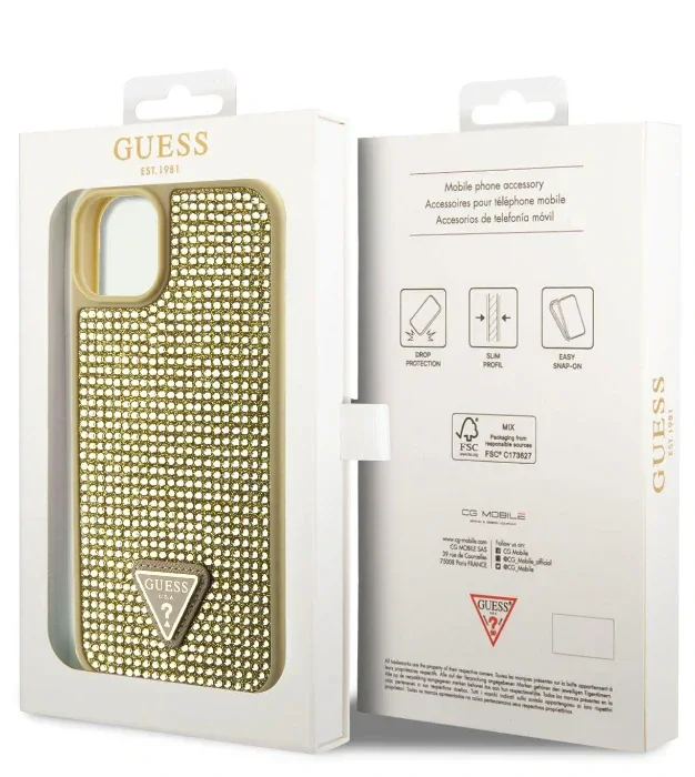 Husa Guess Rhinestones Triangle Metal Logo pentru iPhone 15 Gold