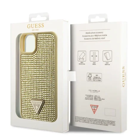 Husa Guess Rhinestones Triangle Metal Logo pentru iPhone 15 Gold