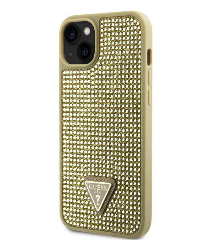 Husa Guess Rhinestones Triangle Metal Logo pentru iPhone 15 Gold