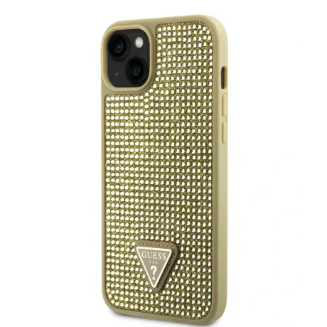 Husa Guess Rhinestones Triangle Metal Logo pentru iPhone 15 Gold