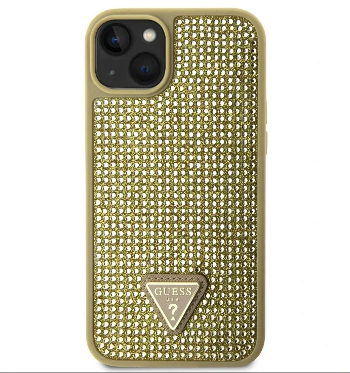 Husa Guess Rhinestones Triangle Metal Logo pentru iPhone 15 Gold