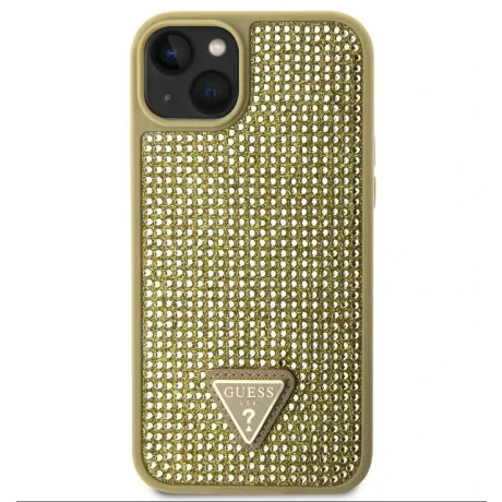 Husa Guess Rhinestones Triangle Metal Logo pentru iPhone 15 Gold