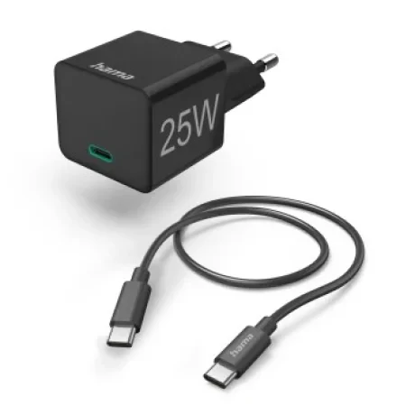 Fast Charger w. Charging Cable, USB-C, Mini-Charger, PD, 25 W, 1.5 m, black