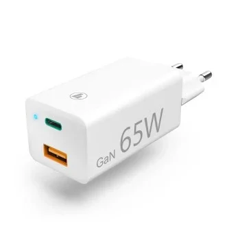 GaN Charger, USB-C Power Delivery (PD) + USB A Qualcomm 3.0, 65W, white