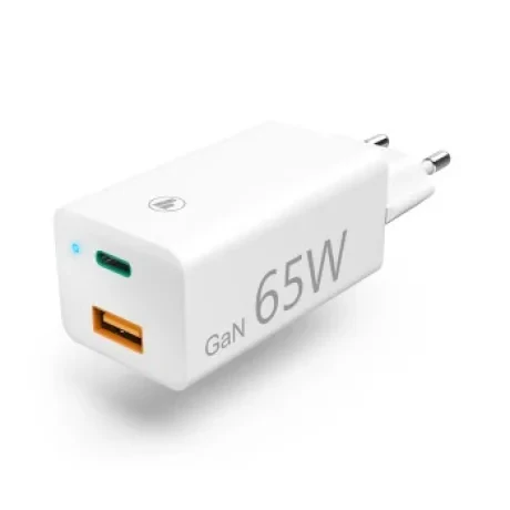 GaN Charger, USB-C Power Delivery (PD) + USB A Qualcomm 3.0, 65W, white