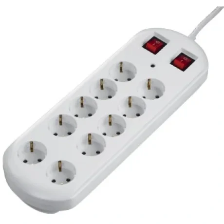 Power Strip, 10-Way, 2 Switches and Overvoltage Protection, white, 2 m