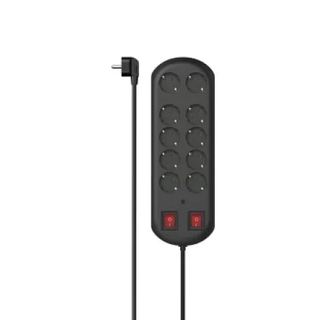 Power Strip, 10-Way, Overvoltage Protection, Two Switches, 2 m, black