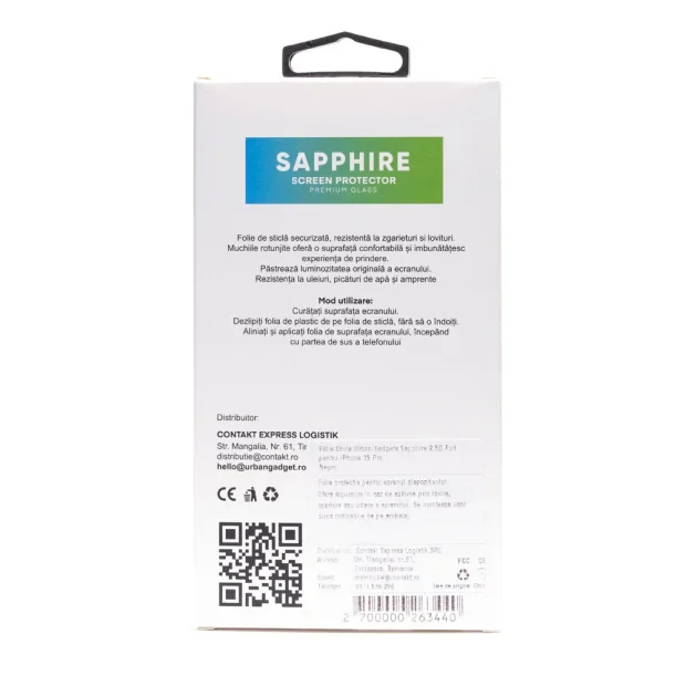 Folie Sticla Urban Gadgets Sapphire 2.5D Full pentru iPhone 15 Pro, Negru