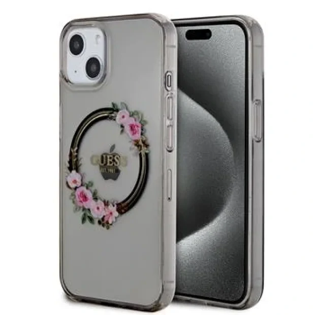 Husa Guess PC/TPU Flowers Ring Glossy Logo MagSafe pentru iPhone 13